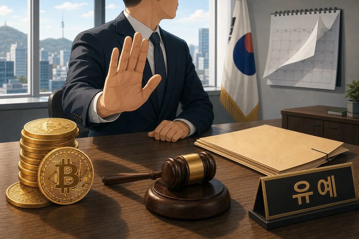 정장 차림 인물이 비트코인 모형과 법봉 앞에서 손을 들어 보이는 모습 — AI 자료 이미지