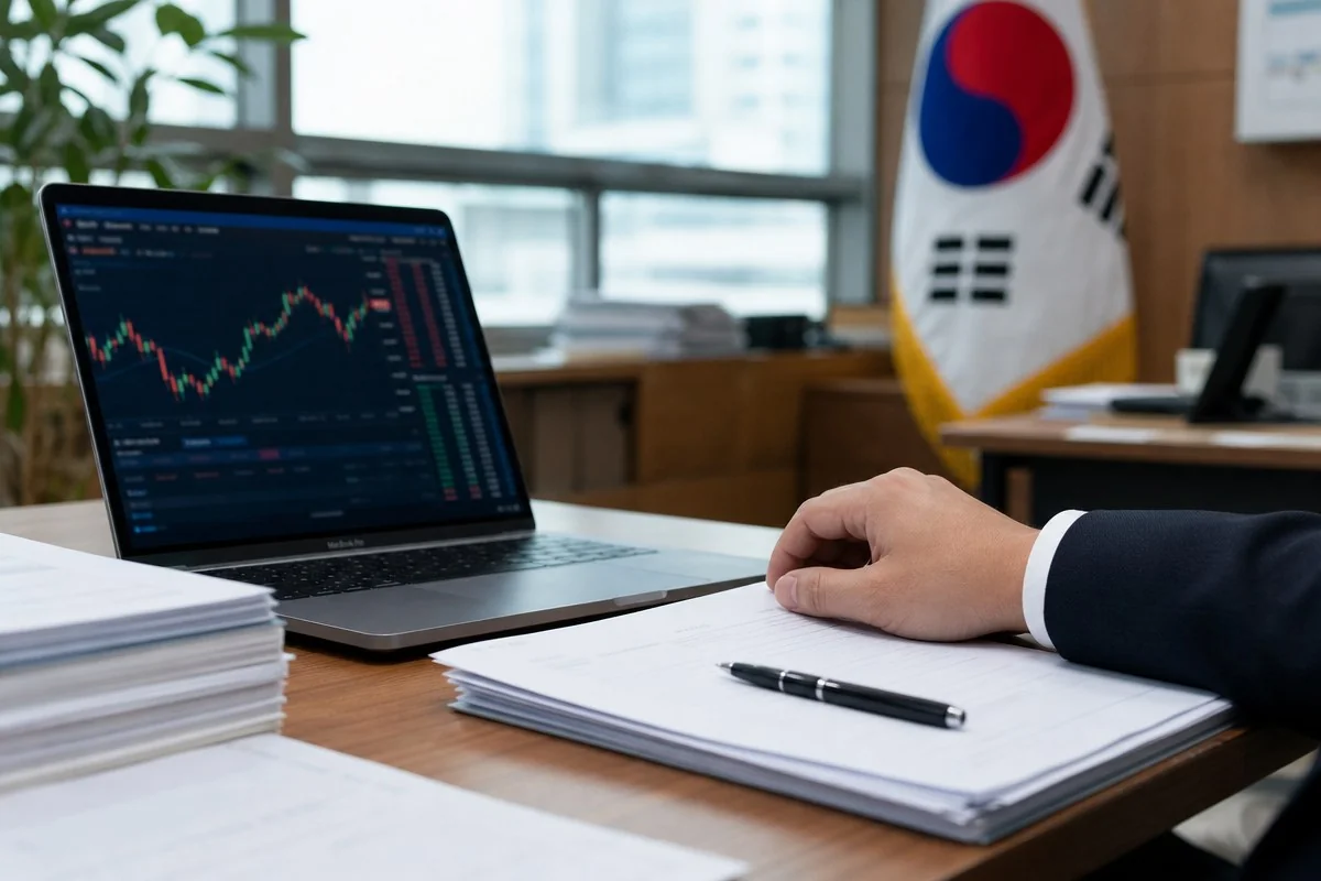 태극기 앞 노트북 거래 차트와 서류 곁에 손을 둔 모습 — 이해를 돕는 AI 자료 이미지