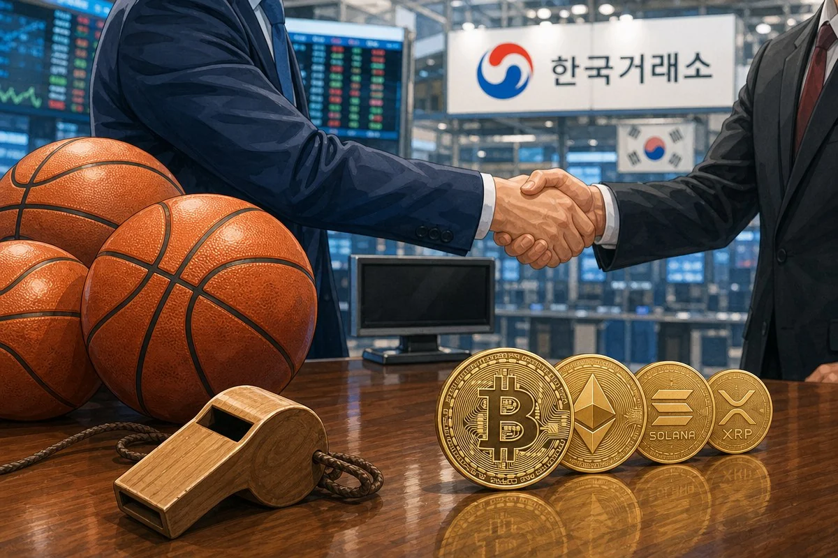 농구공과 가상화폐 모형 앞에서 정장 차림 두 사람이 악수하는 모습 — 내용 이해를 돕는 AI 이미지