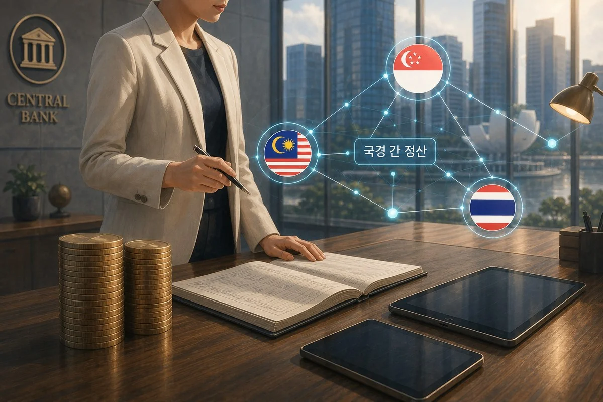 책상 앞에서 동남아 세 나라 국기 그래픽을 보며 장부를 살피는 여성 — AI로 생성한 자료 이미지