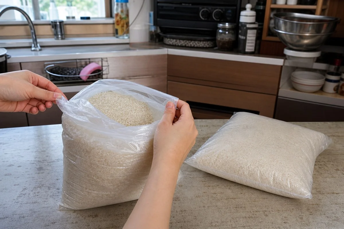 주방 조리대에서 투명 포대에 담긴 쌀을 살펴보는 모습 — AI 자료 이미지