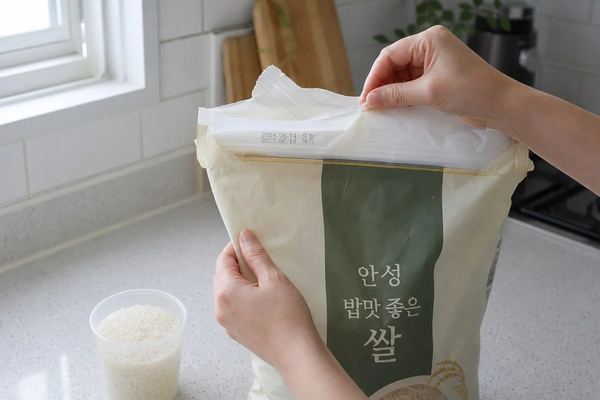 포장된 쌀자루의 윗부분을 손으로 열어 살펴보는 모습 — 이해를 돕는 AI 자료 이미지