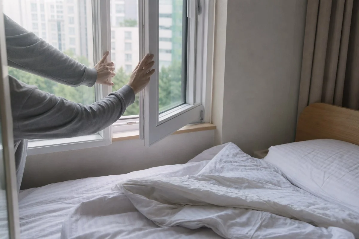 침대가 놓인 밝은 침실에서 두 손으로 창문을 여는 모습 — AI 자료 이미지