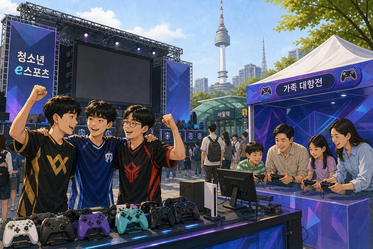 청소년들이 게임 장비 앞에서 환호하고 가족들이 게임 대결에 참여하는 모습 — 내용 이해를 돕는 AI 이미지