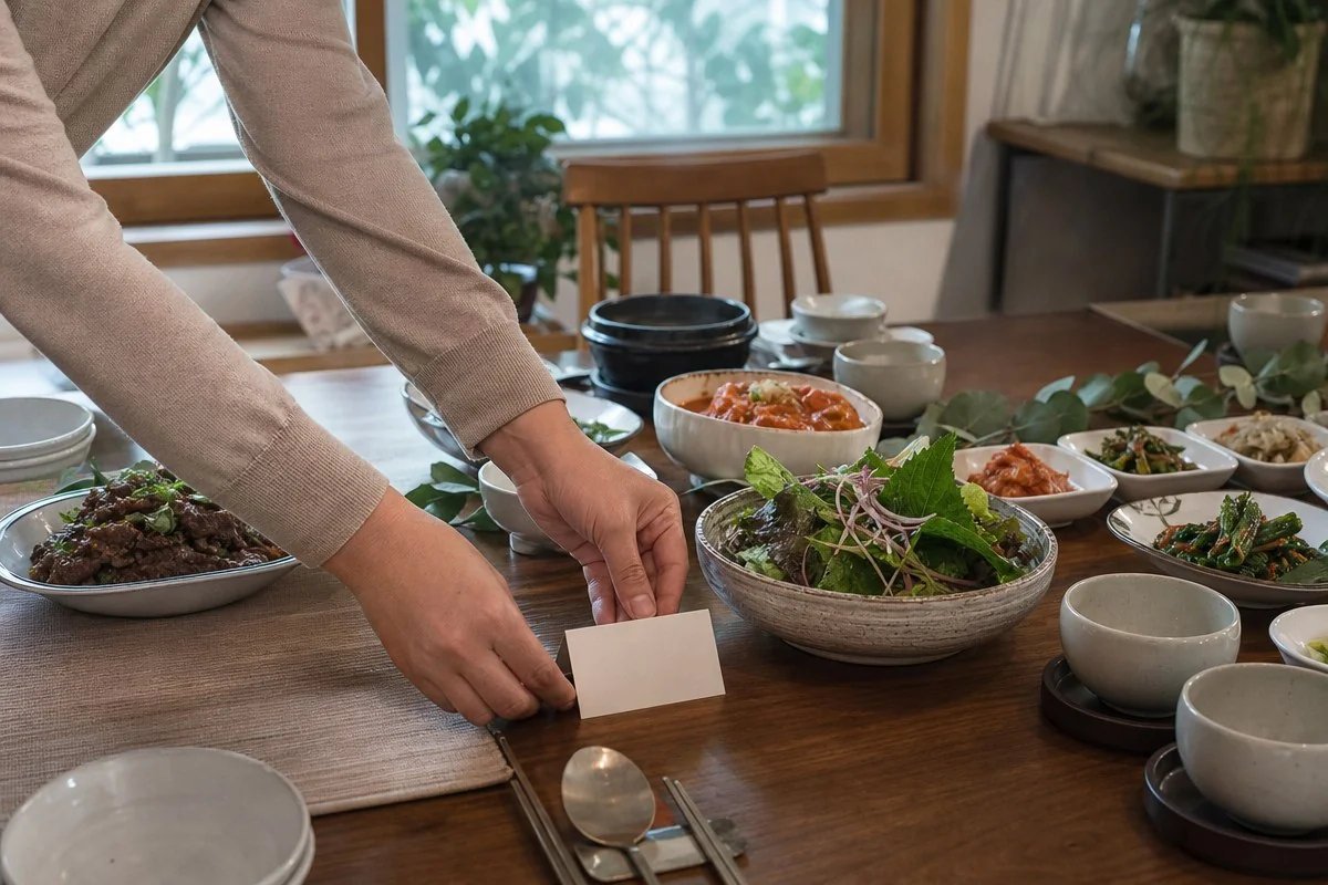 여러 음식이 차려진 식탁에 작은 흰색 카드를 놓는 모습 — 이해를 돕는 AI 자료 이미지