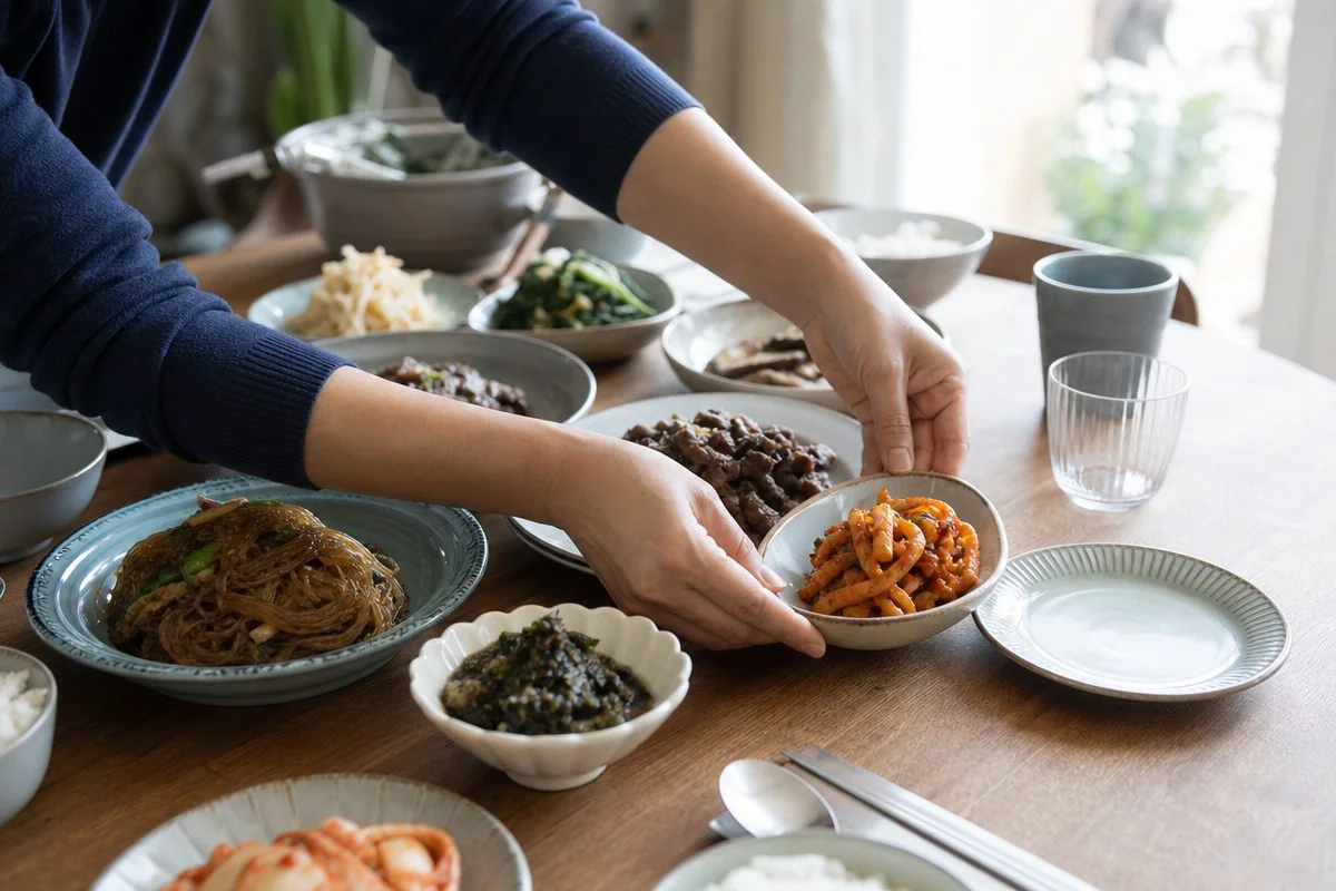 여러 반찬이 놓인 식탁에 양념한 음식을 담은 그릇을 옮기는 모습 — AI 자료 이미지