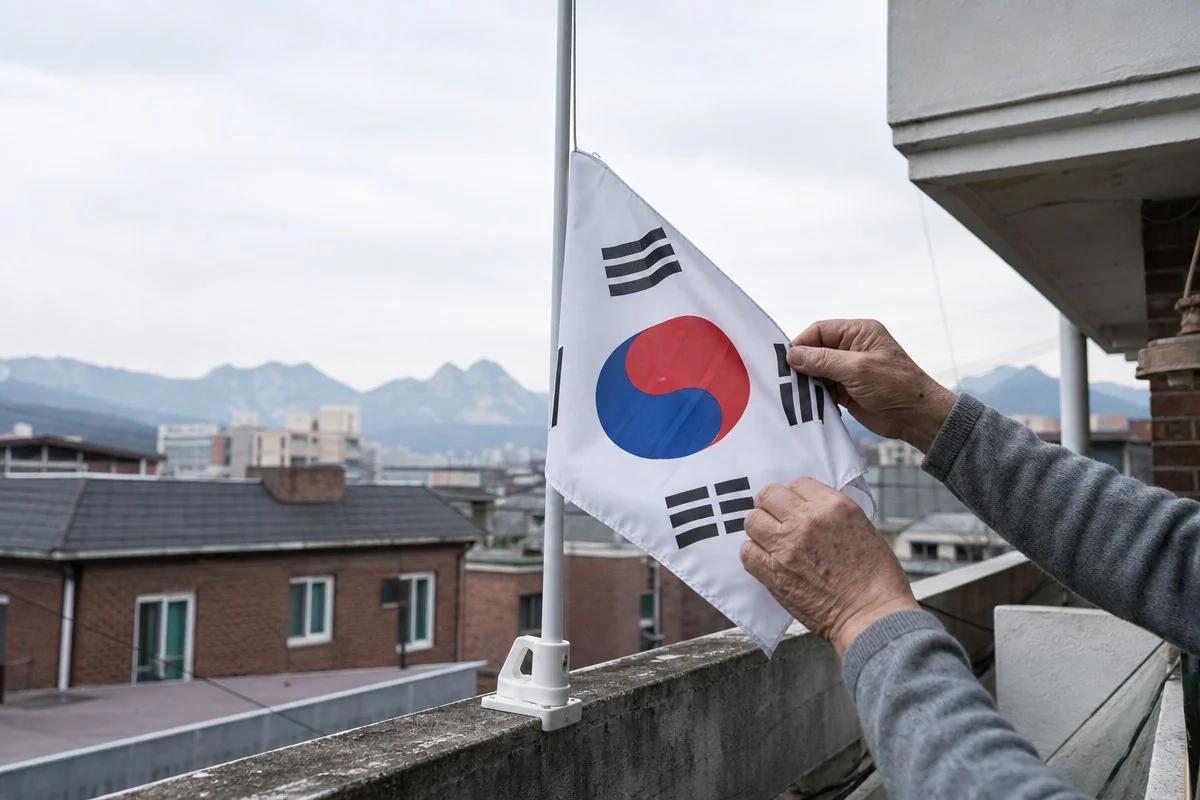 도시와 산을 배경으로 옥상 난간에서 태극기를 손질하는 모습 — 내용 이해를 돕는 AI 이미지