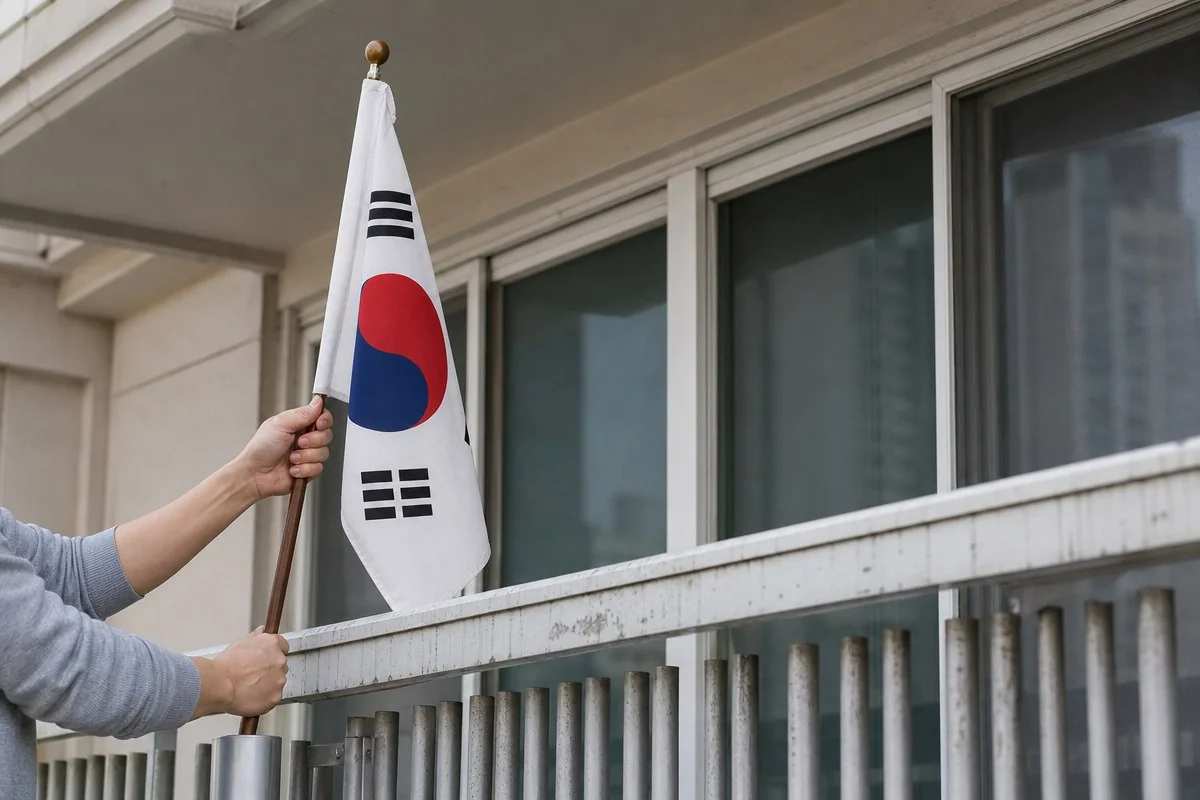 아파트 발코니 난간에서 태극기를 깃대에 고정하는 모습 — AI로 생성한 자료 이미지