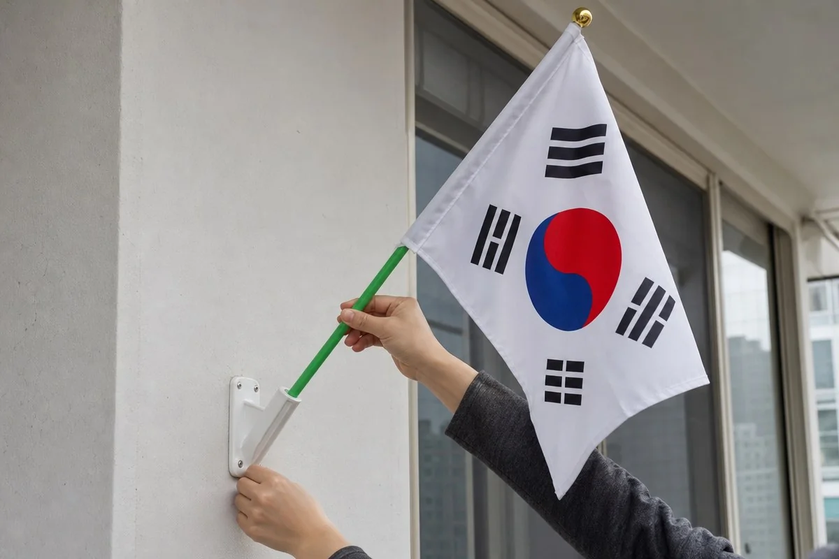 창가 벽면의 흰색 고정장치에 태극기 깃대를 설치하는 모습 — AI 자료 이미지