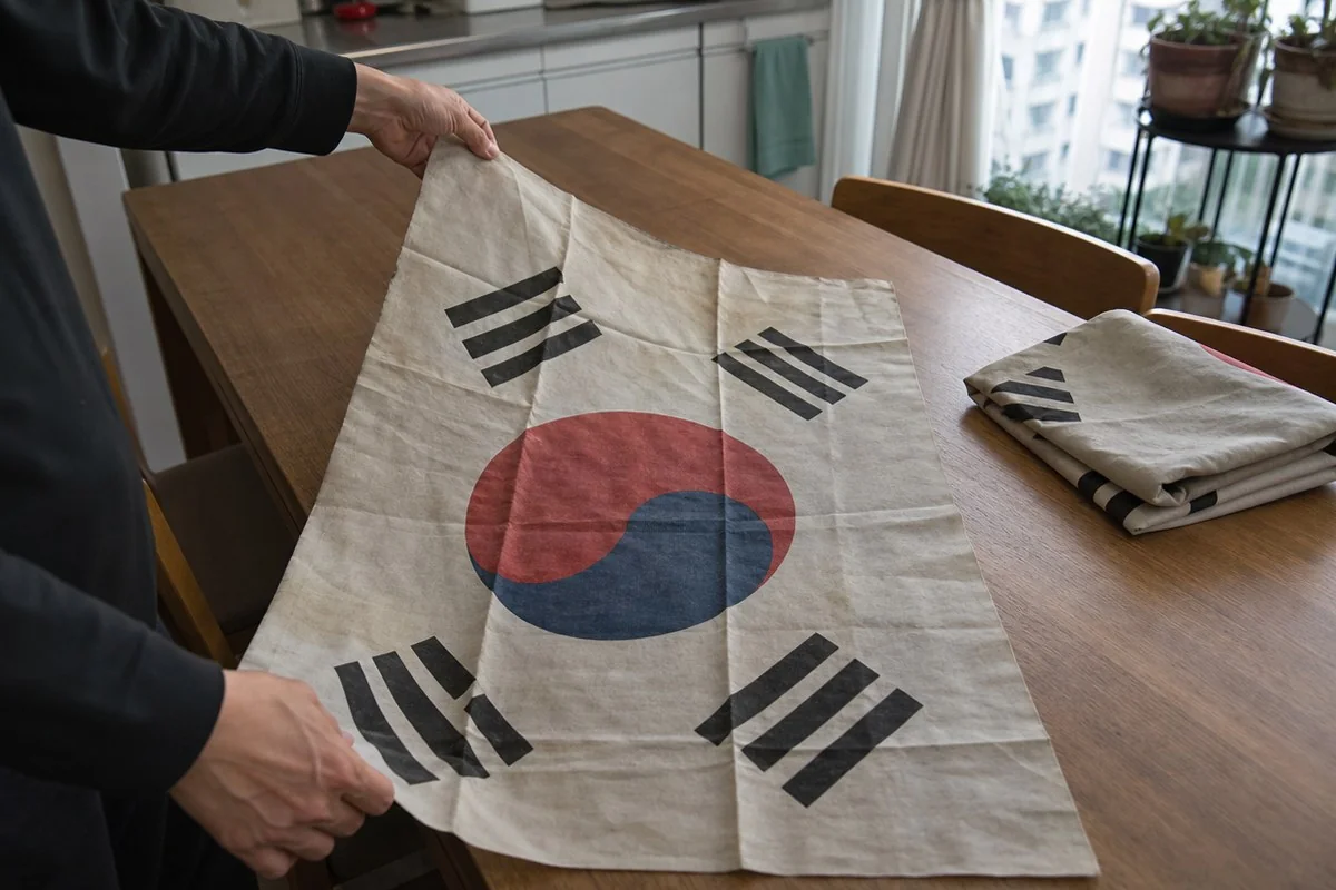 실내 원목 식탁 위에서 접힌 태극기를 양손으로 펼쳐 정리하는 모습 — 이해를 돕는 AI 자료 이미지