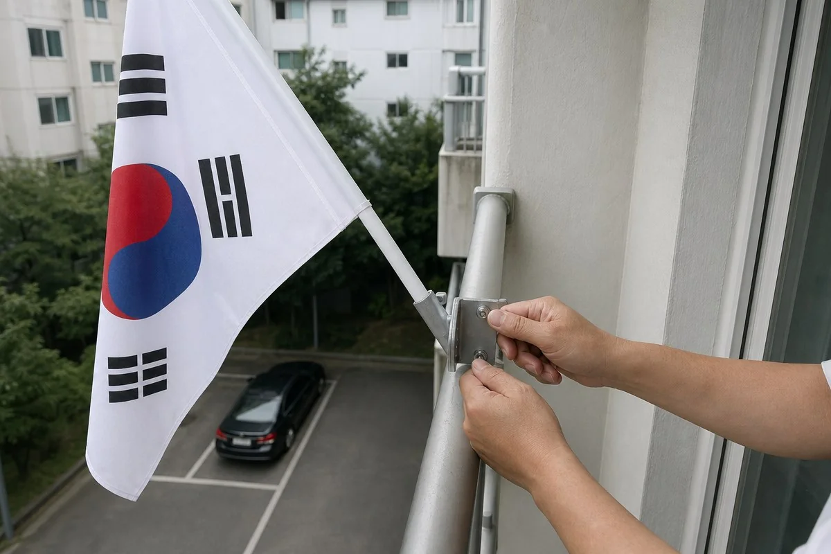 창밖 주차장을 배경으로 태극기 깃대를 난간 고정쇠에 조이는 모습 — 내용 이해를 돕는 AI 이미지
