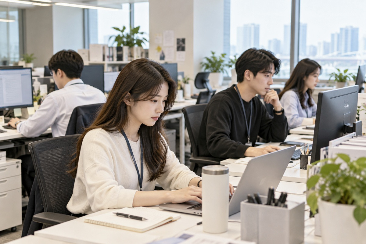 사무실에서 직원들이 근무하는 모습. 기사 이해를 돕기 위해 AI를 활용해 제작한 자료 사진. 우울 증상이 있는 직장인은 그렇지 않은 직장인보다 결근이 잦거나, 출근해도 업무 효율이 떨어지는 경우가 뚜렷하게 많은 것으로 조사됐다. 서울대병원은 가정의학과 윤영호 교수와 한국외대 투어리즘·웰니스학부 정주연 교수 연구팀이 2024년 1월 다양한 업종에 종사하는 20∼49세 직장인 1000명을 설문조사해 분석한 결과를 최근 발표했다.