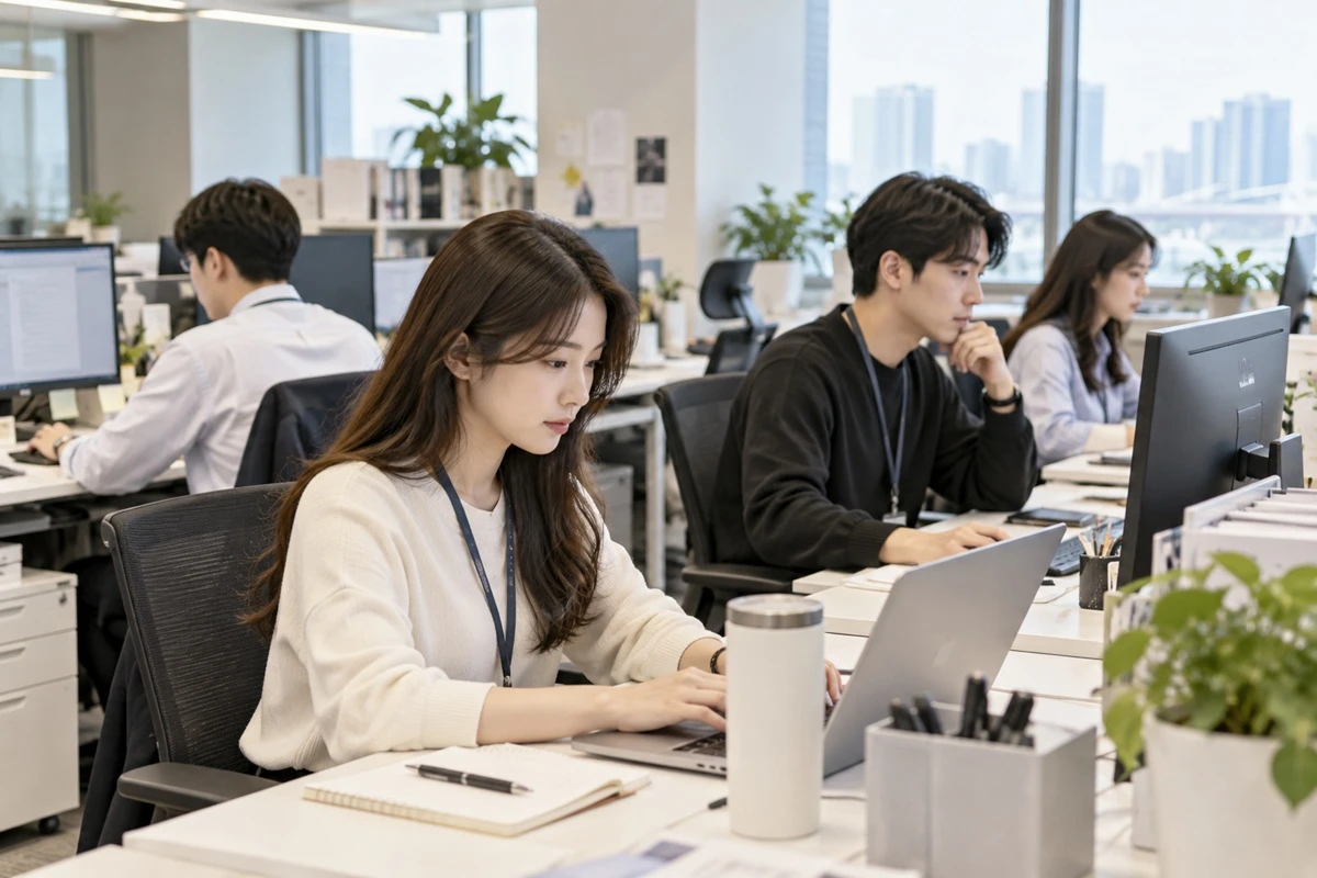 사무실에서 직원들이 근무하는 모습. 기사 이해를 돕기 위해 AI를 활용해 제작한 자료 사진. 우울 증상이 있는 직장인은 그렇지 않은 직장인보다 결근이 잦거나, 출근해도 업무 효율이 떨어지는 경우가 뚜렷하게 많은 것으로 조사됐다. 서울대병원은 가정의학과 윤영호 교수와 한국외대 투어리즘·웰니스학부 정주연 교수 연구팀이 2024년 1월 다양한 업종에 종사하는 20∼49세 직장인 1000명을 설문조사해 분석한 결과를 최근 발표했다.