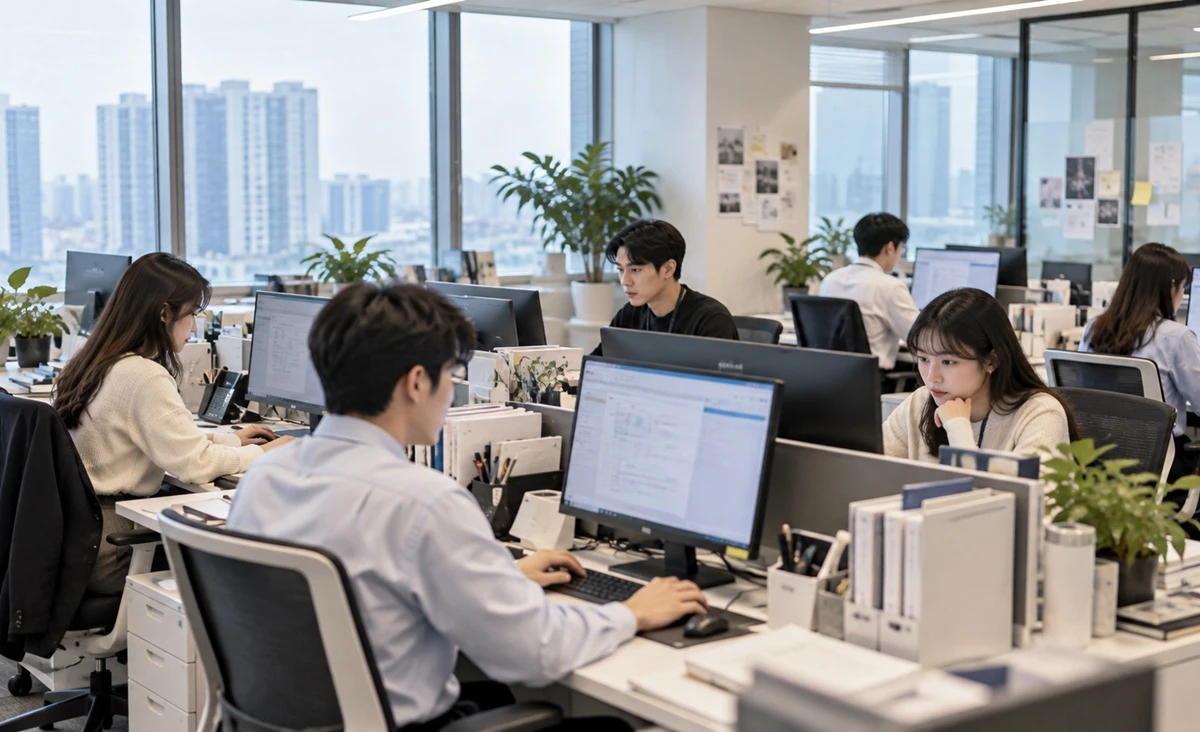 사무실에서 직원들이 근무하는 모습. 기사 이해를 돕기 위해 AI를 활용해 제작한 자료 사진. 우울 증상이 있는 직장인은 그렇지 않은 직장인보다 결근이 잦거나, 출근해도 업무 효율이 떨어지는 경우가 뚜렷하게 많은 것으로 조사됐다. 서울대병원은 가정의학과 윤영호 교수와 한국외대 투어리즘·웰니스학부 정주연 교수 연구팀이 2024년 1월 다양한 업종에 종사하는 20∼49세 직장인 1000명을 설문조사해 분석한 결과를 최근 발표했다.