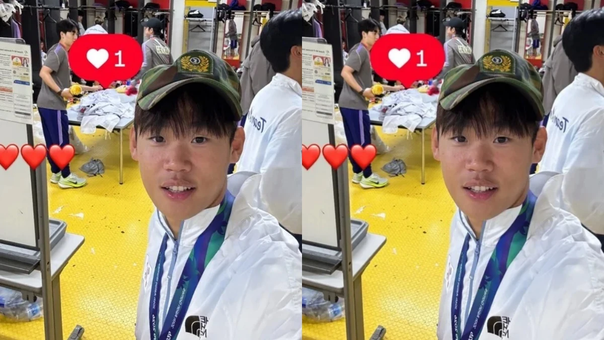 박승수가 아시안게임 금메달 확정 직후 전역모를 쓰고 기념 사진을 찍고 있다 / 박승수 SNS
