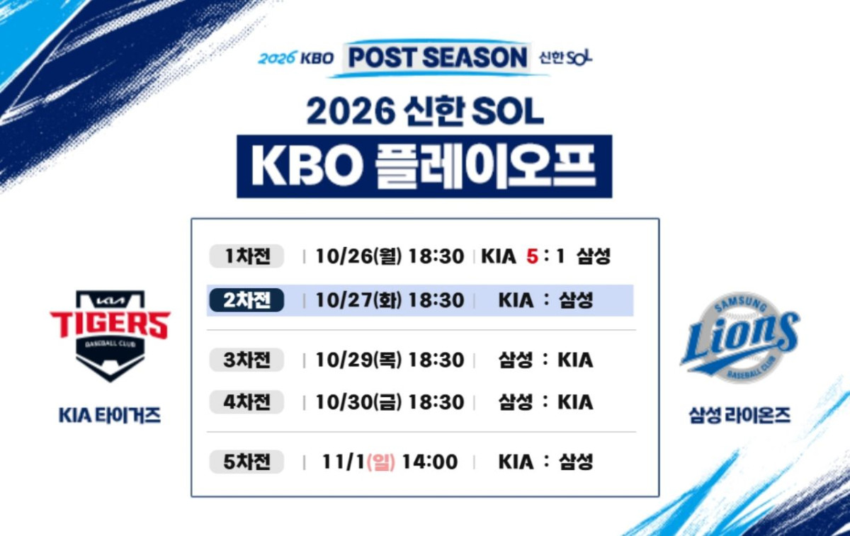 2026년 10월 27일 KIA 타이거즈 삼성 라이온즈 경기 중계 일정. / KBO 홈페이지