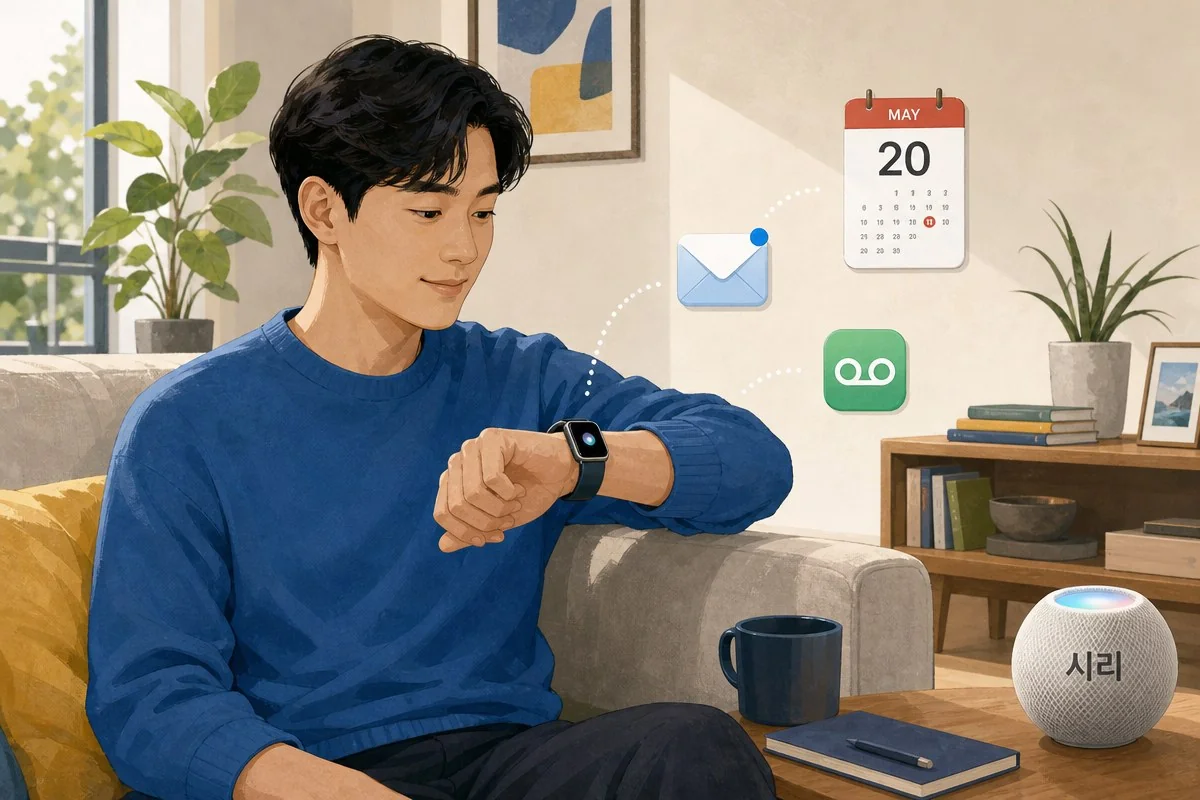 거실 소파에 앉아 손목시계를 바라보는 남성과 탁자 위 구형 스피커 — AI로 생성한 자료 이미지