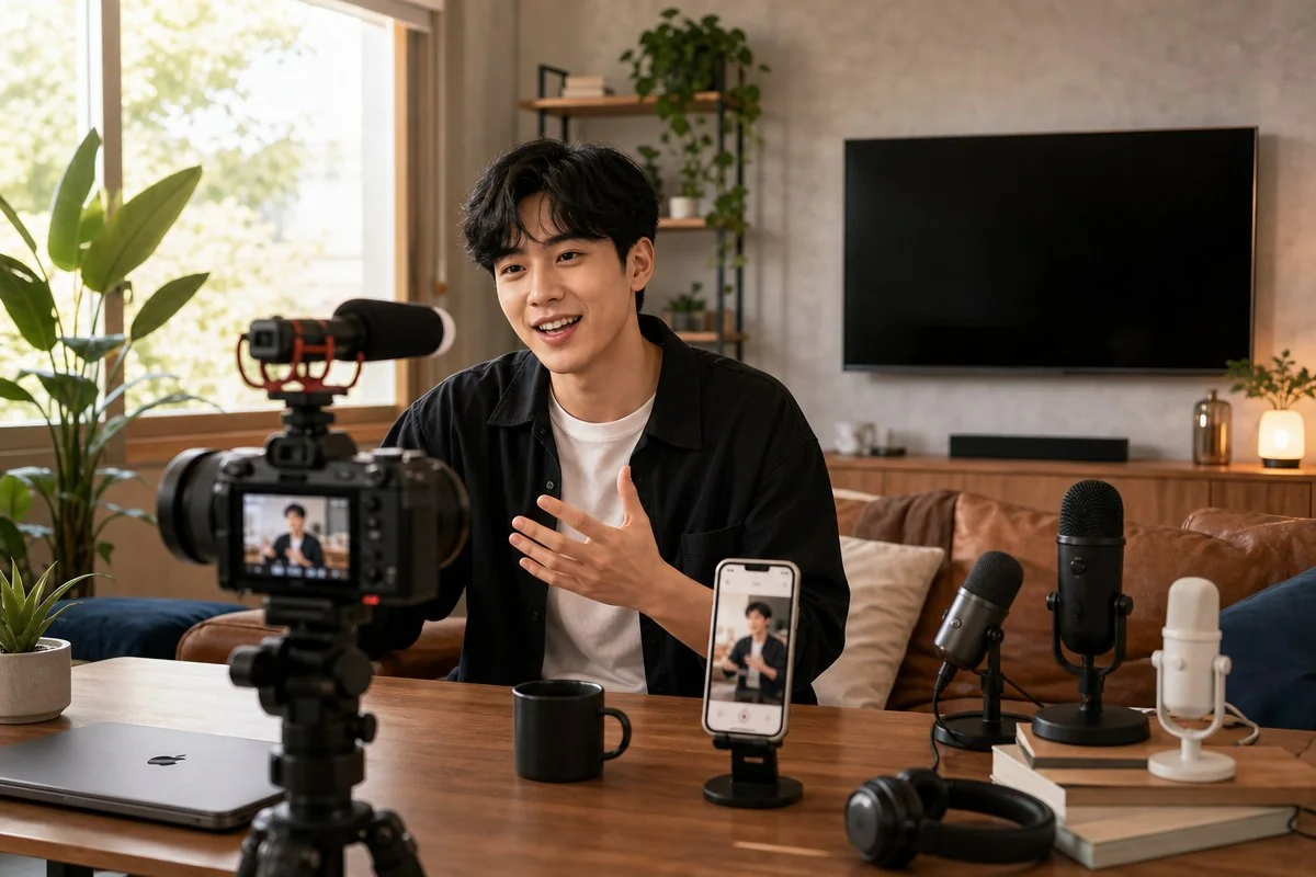 거실 책상 앞에서 카메라와 마이크로 영상을 촬영하는 남성 크리에이터 모습 — 이해를 돕는 AI 자료 이미지