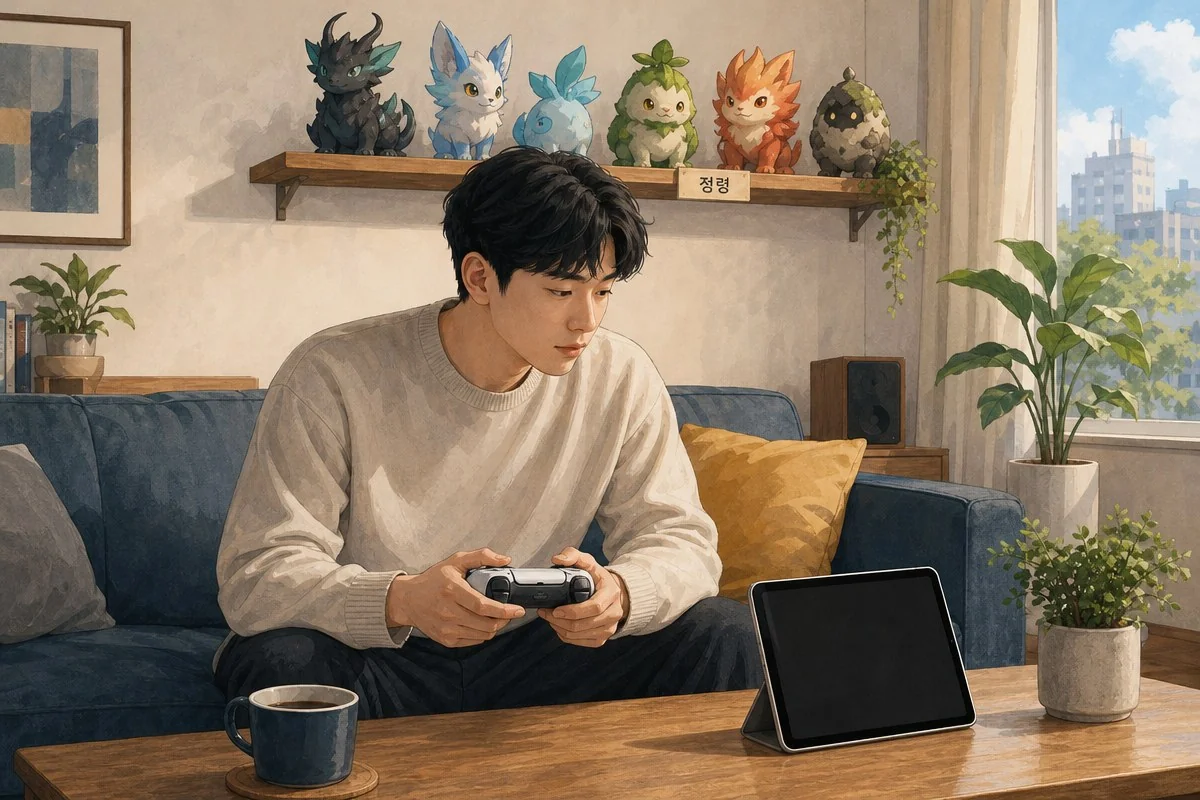 소파에 앉아 태블릿 앞에서 게임 컨트롤러를 조작하는 모습 — 이해를 돕는 AI 자료 이미지