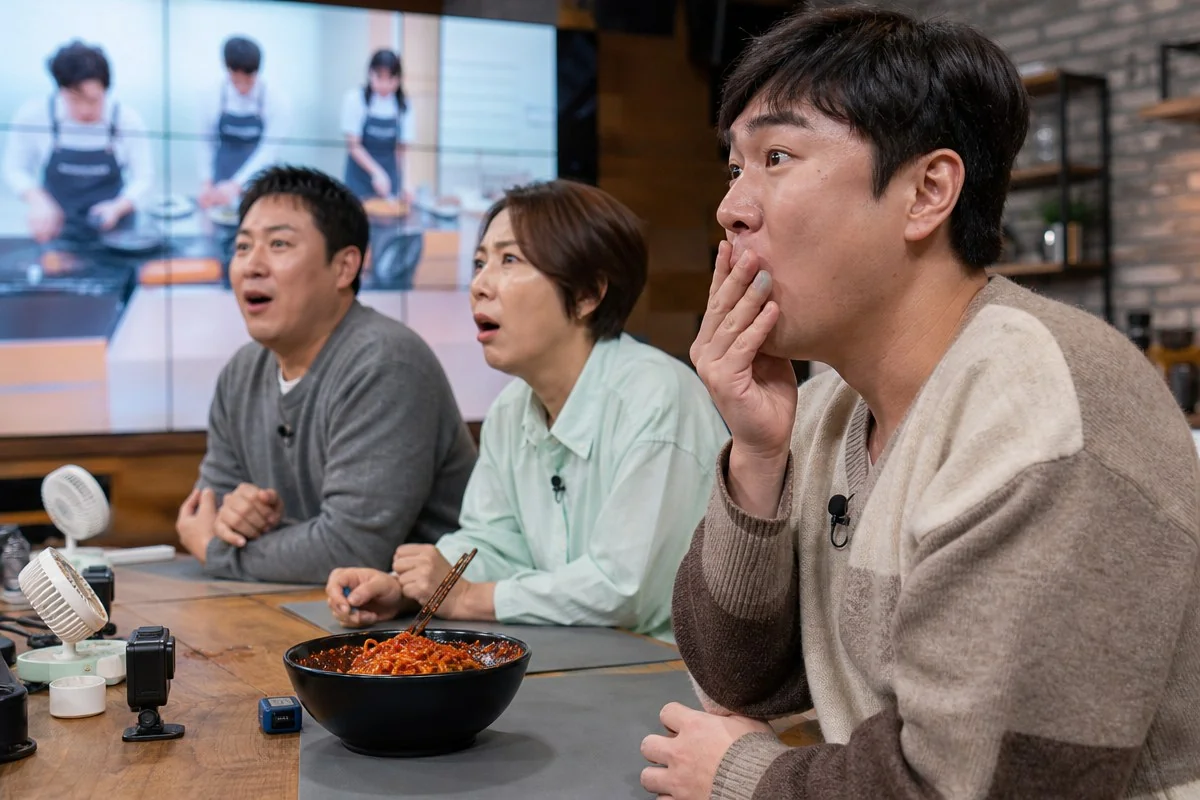 식탁 위 붉은 양념 음식 앞에서 입을 가린 남성과 놀란 두 사람 — 이해를 돕는 AI 자료 이미지