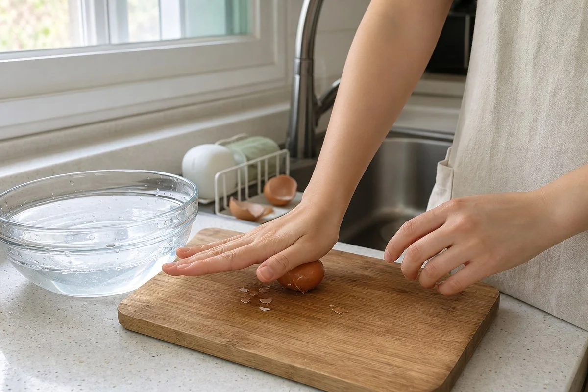 도마 위 삶은 달걀의 껍질을 손으로 벗기는 모습 — AI 자료 이미지