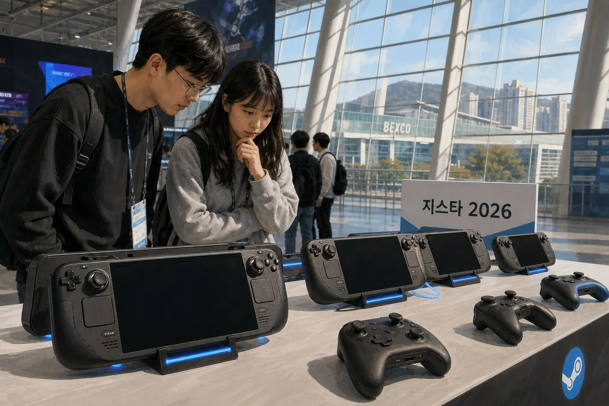 지스타 2026 행사장에서 휴대용 게임기와 컨트롤러를 살펴보는 관람객들 — 이해를 돕는 AI 자료 이미지