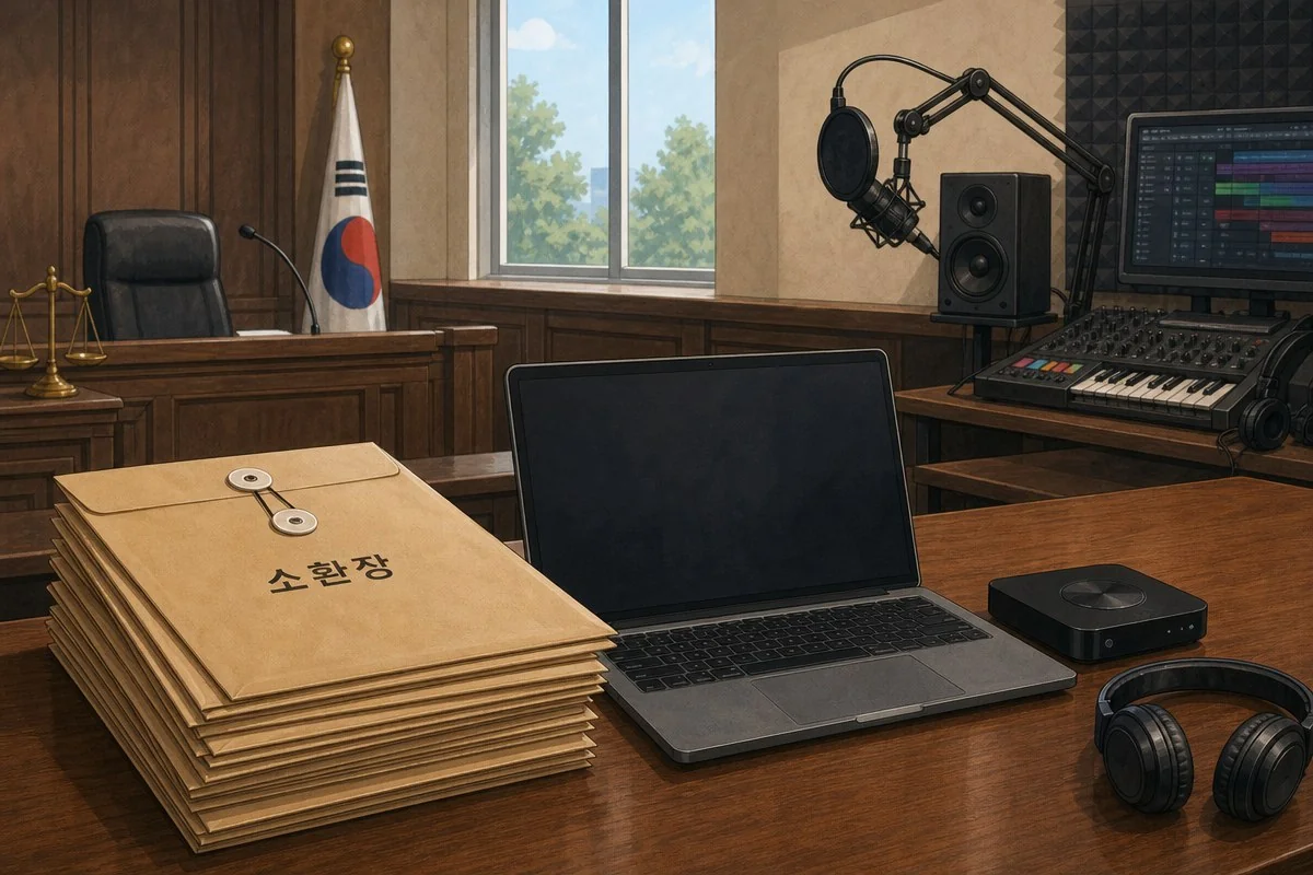 소환장 서류 더미와 노트북, 음향 장비가 놓인 법정 책상 — 이해를 돕는 AI 자료 이미지