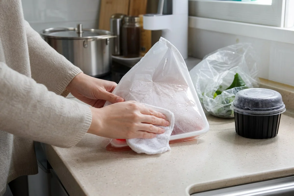 주방 조리대에서 비닐 포장 식품 용기를 행주로 닦는 모습 — 내용 이해를 돕는 AI 이미지