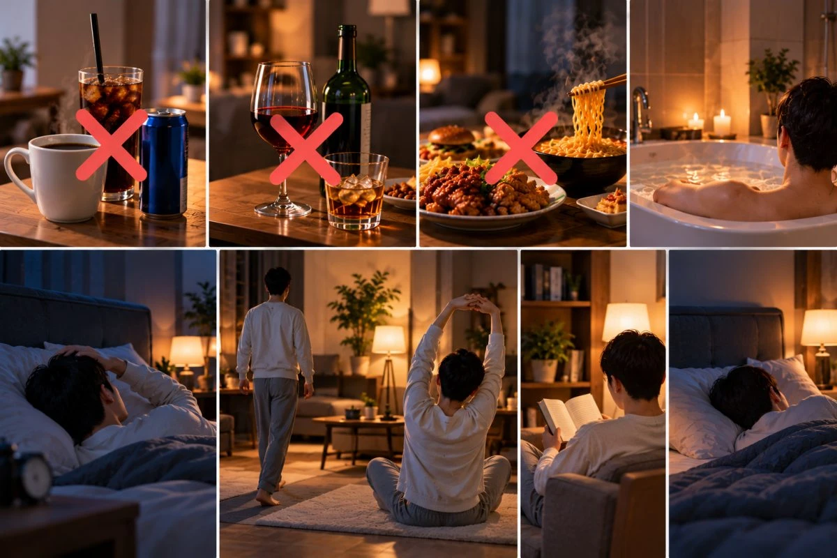 질 좋은 수면을 위한 방법 / 기사 내용을 바탕으로 제작한 AI 이미지. 실제 모습과 차이가 있을 수 있습니다