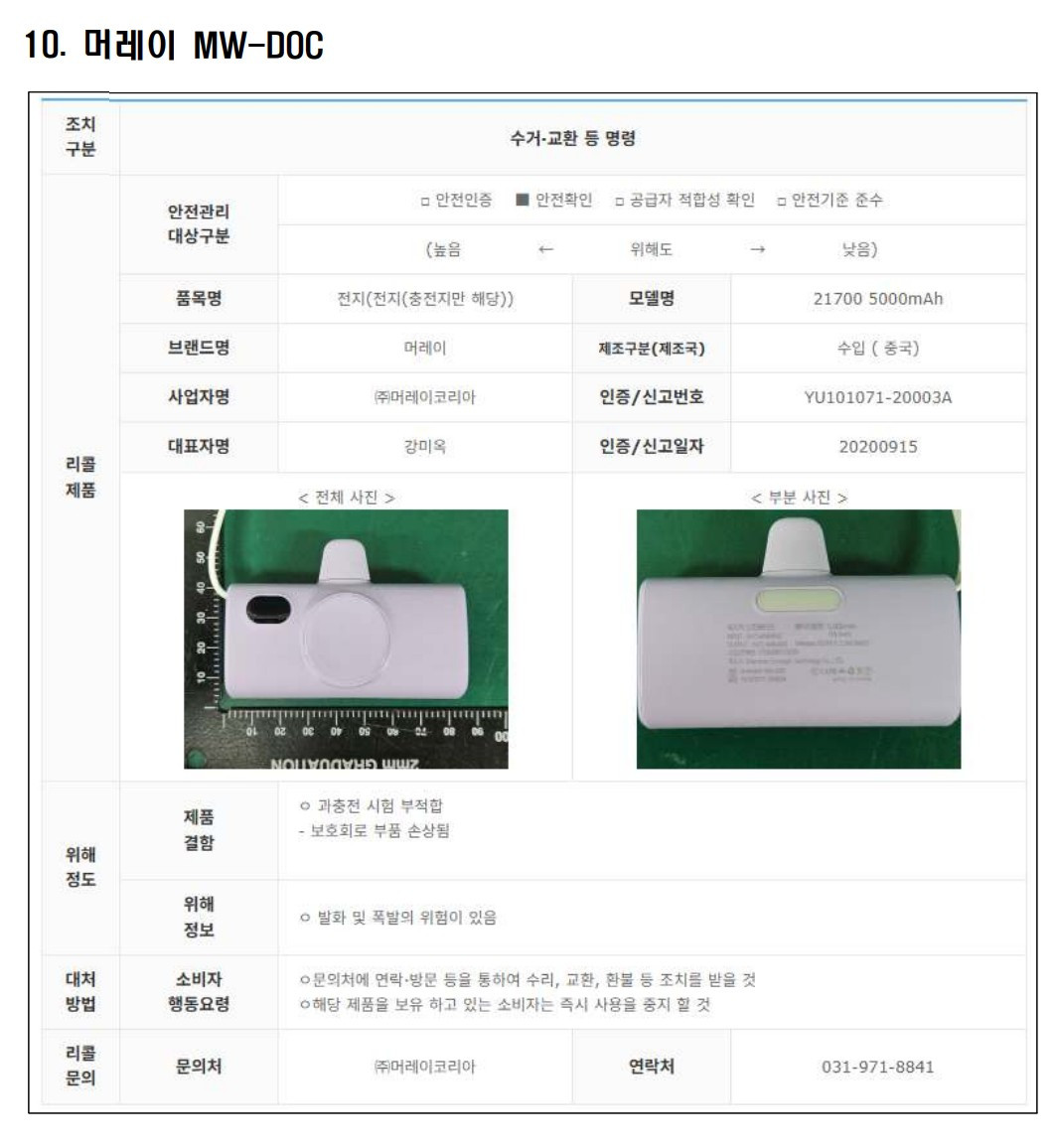 리콜 대상 보조배터리 10.