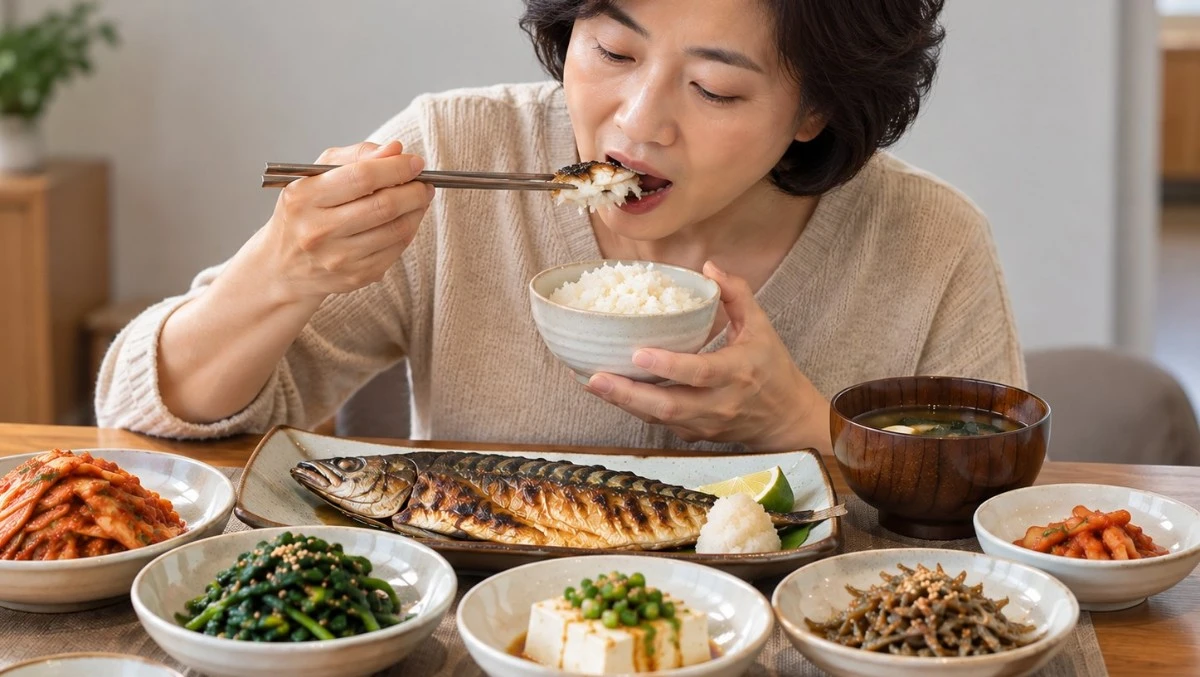 등푸른 생선과 여러 반찬과 함께 밥 먹는 사람. 기사 이해를 돕기 위해 AI툴로 생성한 자료사진.