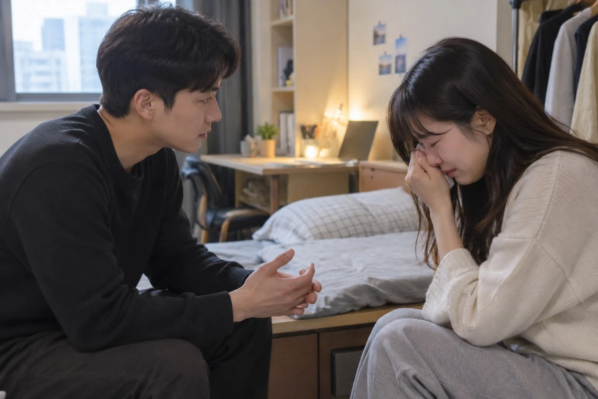7년 만나서 동거 중인 여자친구랑 헤어지려 한다는 내용의 글이 블라인드에 올라왔다. 글에 대한 이해를 돕기 위해 AI 툴로 만든 사진.