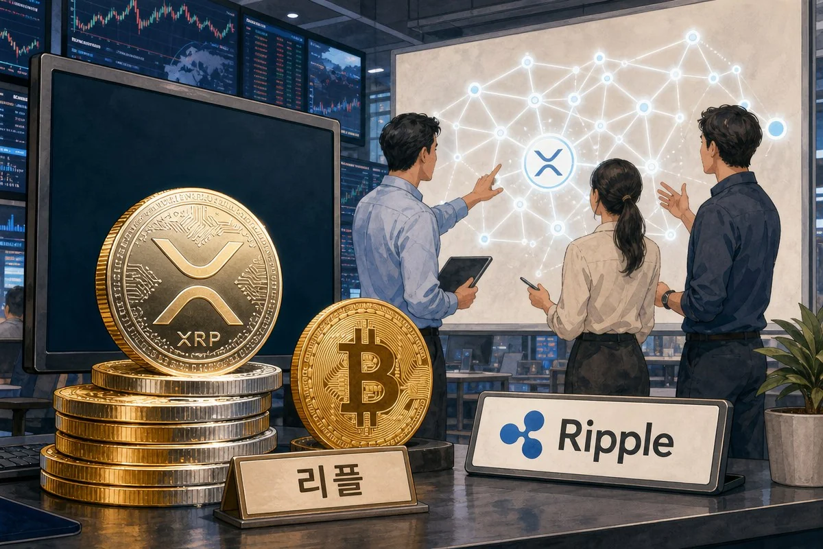 리플 표지판 옆에서 XRP·비트코인 모형과 연결망 화면을 가리키는 모습 — 내용 이해를 돕는 AI 이미지