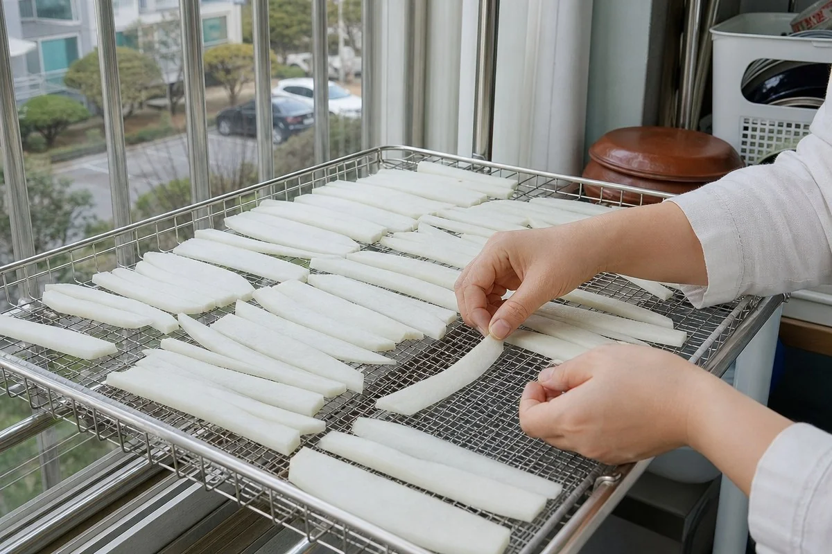 창가 철망 선반 위 길쭉한 무 조각을 가지런히 놓는 모습 — 내용 이해를 돕는 AI 이미지