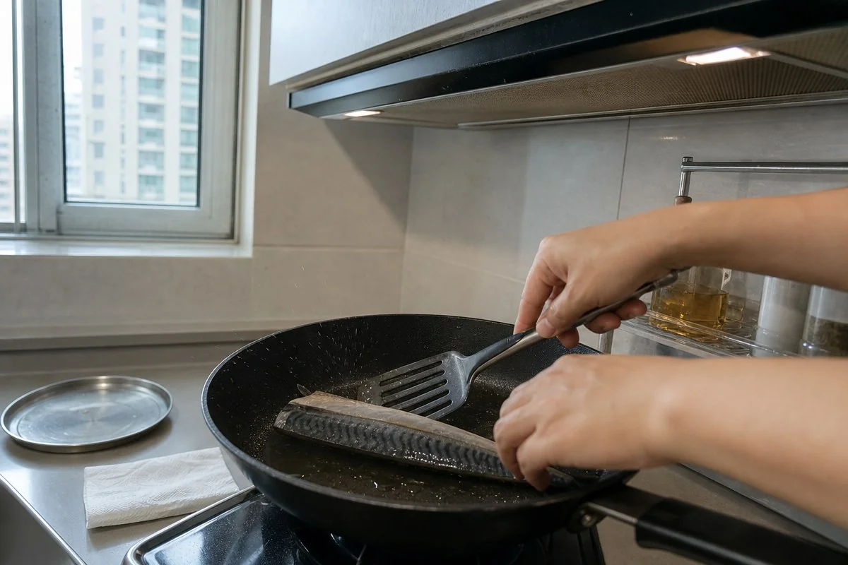 가스레인지 위 프라이팬에서 뒤집개로 고등어를 굽는 모습 — AI 자료 이미지