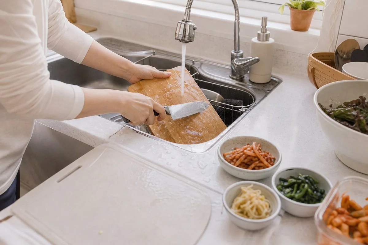 주방 수도꼭지 아래 나무 도마를 칼로 문지르는 모습 — 이해를 돕는 AI 자료 이미지