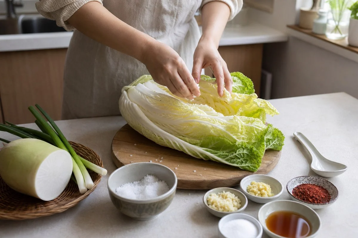 주방 도마 위에서 배추에 소금을 뿌리며 절이는 모습 — 내용 이해를 돕는 AI 이미지