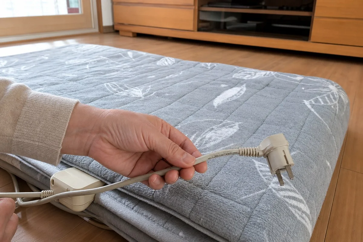 거실 바닥 전기장판의 전원 플러그와 연결선을 손으로 살펴보는 모습 — AI로 생성한 자료 이미지