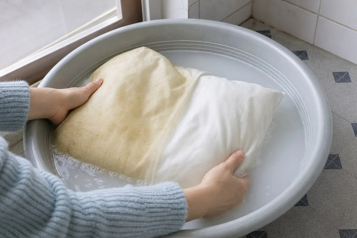 대야의 물속에 누렇게 얼룩진 흰 베개를 담가 든 모습 — AI로 생성한 자료 이미지