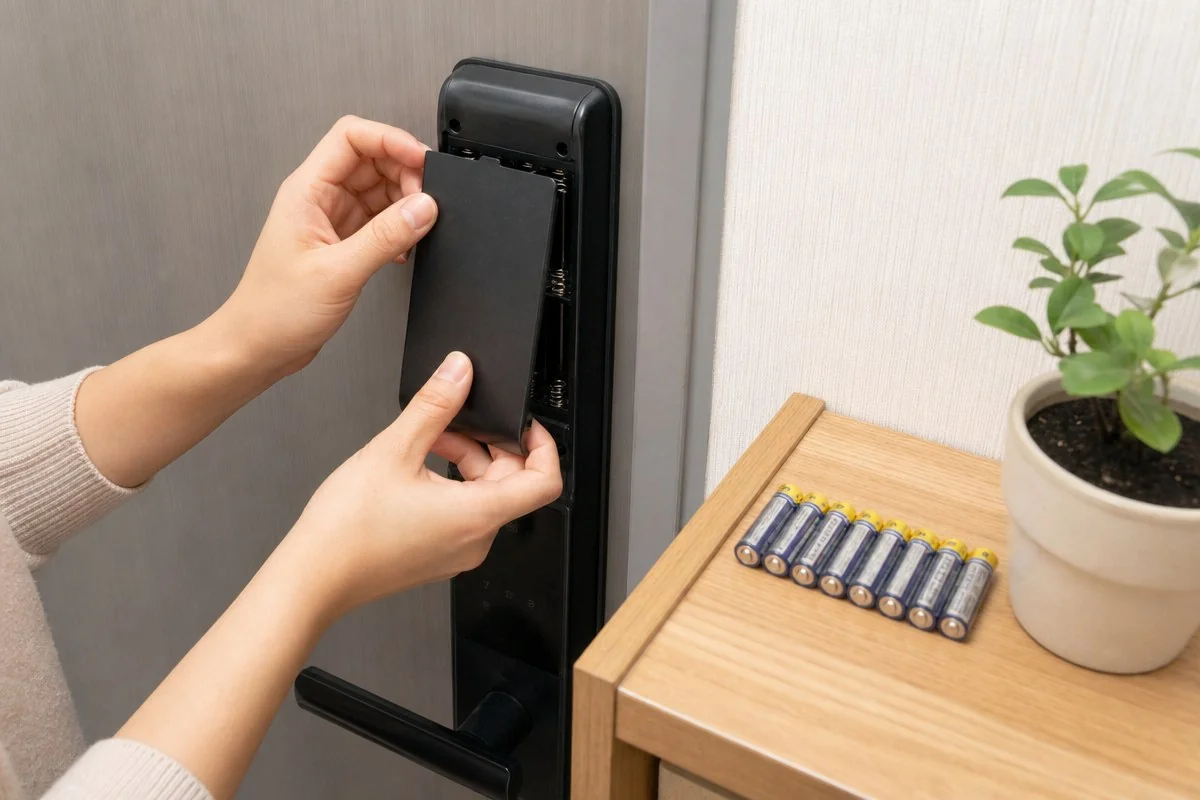 현관문 도어락 덮개를 들어 올리고 옆 탁자에 건전지를 둔 모습 — AI 자료 이미지