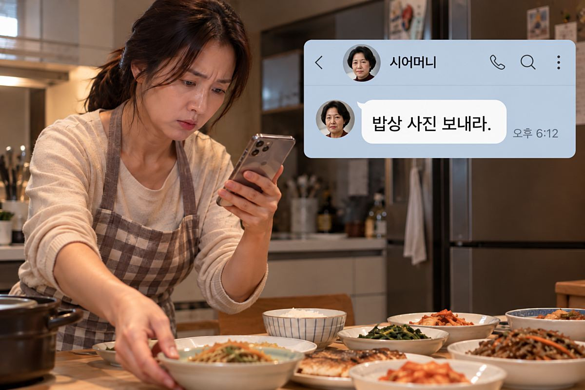 어느 날 A 씨가 아이들의 저녁 식사를 평소보다 늦게 준비하자 시부모는 '도대체 하는 일이 뭐냐'며 나무랐다. 이후에는 매일 저녁 아이들에게 차려준 밥상을 사진으로 찍어 보내라고 요구했다. / 기사 이해를 돕기 위해 AI로 제작한 자료 이미지.