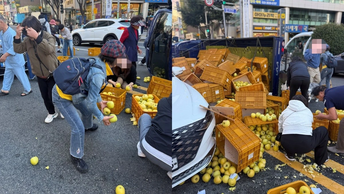 지난 28일 부산 연산역 인근에서 과일을 실은 트럭이 넘어지자 시민들이 도로에 쏟아진 사과를 주워 담으며 사고 수습을 돕고 있다. / 스레드 'jh._.daliy' 캡처