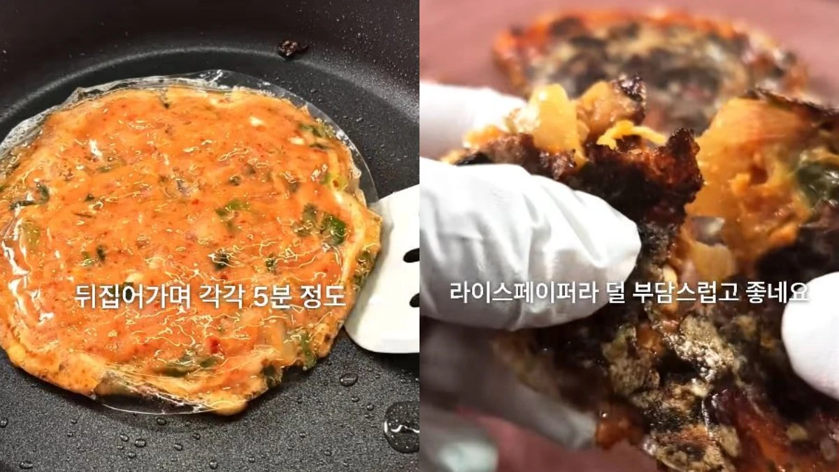 라이스페이퍼 김치전을 굽고 완성한 모습. / 유튜브 '만개의레시피 10K Recipe'