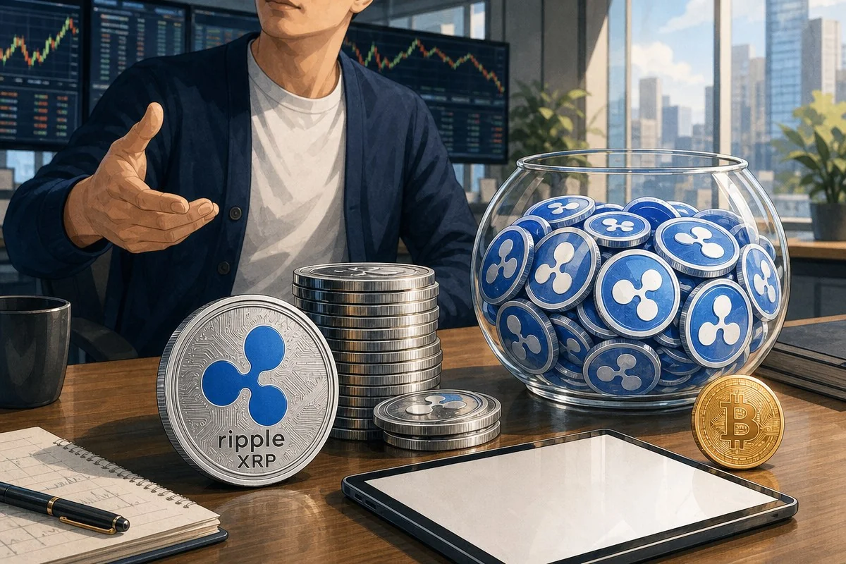 남성이 책상 위 리플 XRP 동전과 금속 코인, 파란 공이 담긴 유리병을 가리키는 모습 — AI 자료 이미지