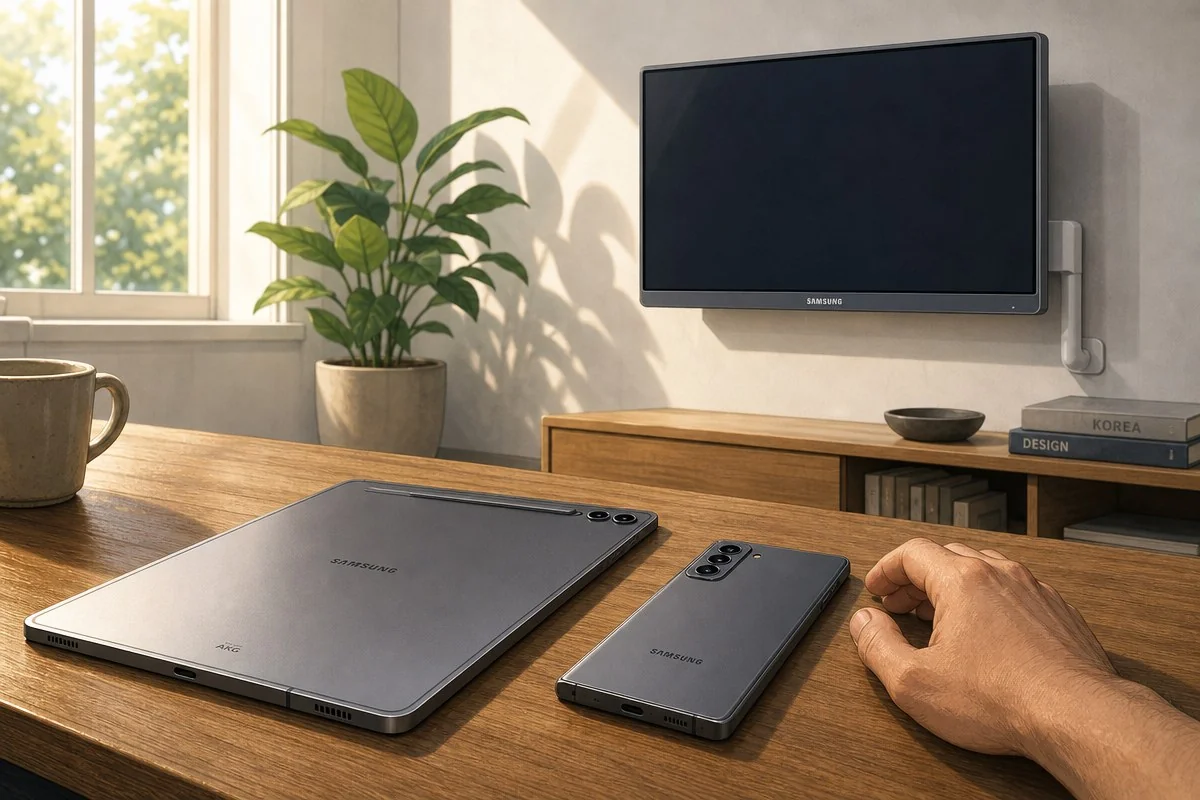 창가 식물과 TV 앞 나무 탁자 위 태블릿과 스마트폰을 향해 뻗은 손 — 내용 이해를 돕는 AI 이미지