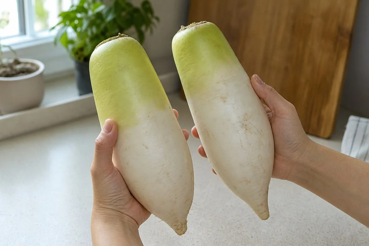 주방 조리대에서 끝부분이 뾰족한 흰 무 두 개를 양손으로 들어 보이는 모습 — AI 자료 이미지