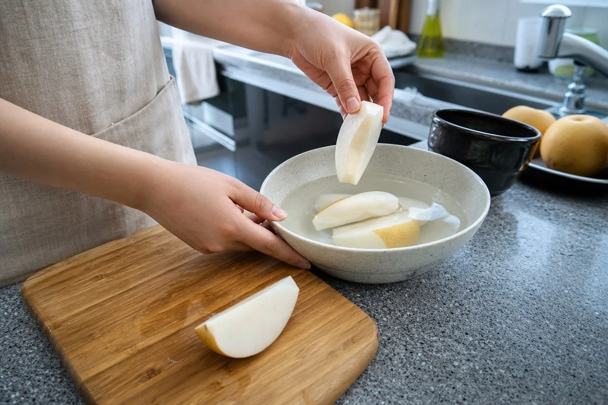 주방에서 깎은 사과 조각을 물이 담긴 그릇에 넣는 모습 — AI로 생성한 자료 이미지