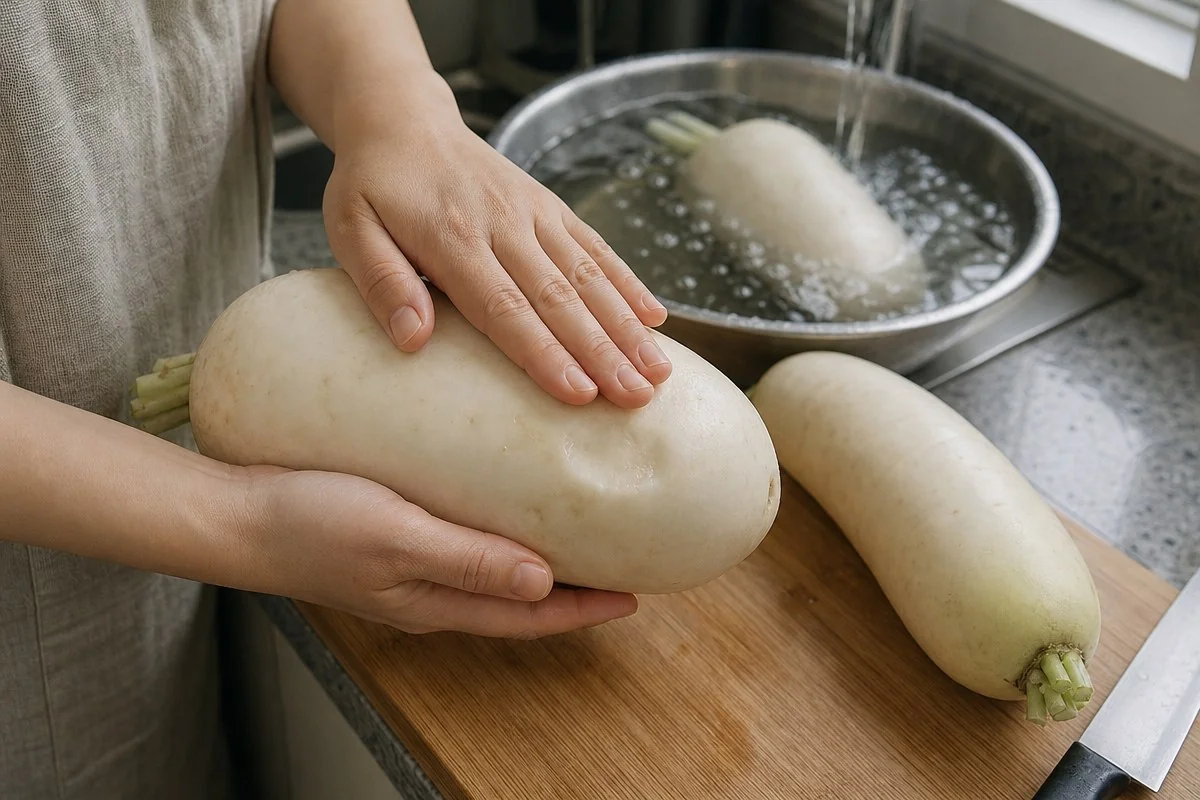 물그릇 옆에서 큰 무를 양손으로 들어 살펴보는 모습 — AI로 생성한 자료 이미지