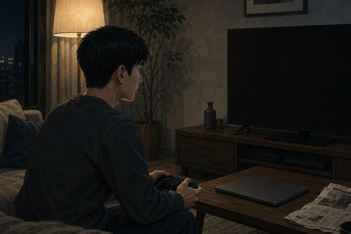거실 소파에 앉아 검은 화면의 텔레비전을 보며 게임 컨트롤러를 조작하는 모습 — AI로 생성한 자료 이미지