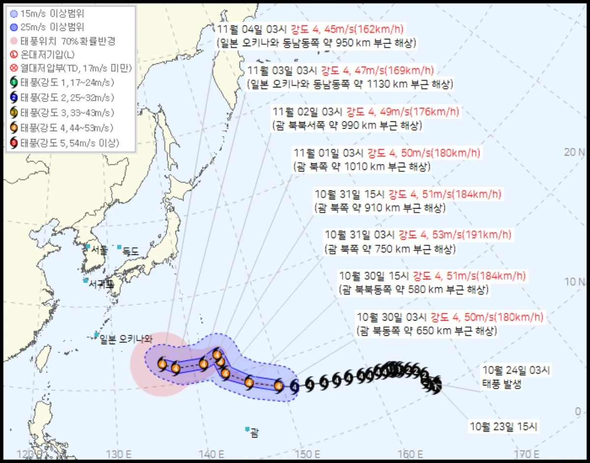 기상청 날씨누리에 공개된 제31호 태풍 '인파'의 예상 이동 경로. 태풍은 31일 북상한 뒤 서쪽으로 방향을 틀 것으로 전망된다. / 기상청 날씨누리 캡처